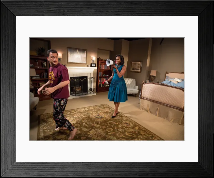 Framed Print : First Lady Michelle Obama tapes a skit with Jimmy Kimmel prior to their appearance for Jimmy Kimmel Live! at the El Capitan Theatre in Los Angeles, Calif. Oct