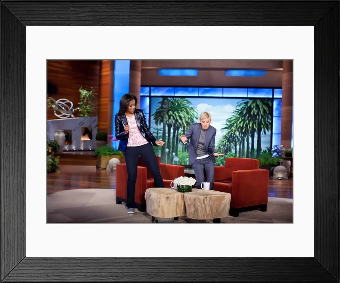 Framed Print : First Lady Michelle Obama and Ellen DeGeneres dance during a taping of The Ellen DeGeneres Show Framed Print : First Lady Michelle Obama and Ellen DeGeneres dance during a taping of The Ellen DeGeneres Show