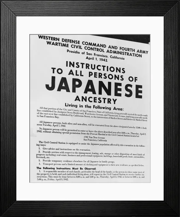 Framed Print : Japanese Internment. Exclusion order posted at First and Front Streets in San Francisco directing removal of persons of Japanese ancestry. Ca. Feb-April 1942