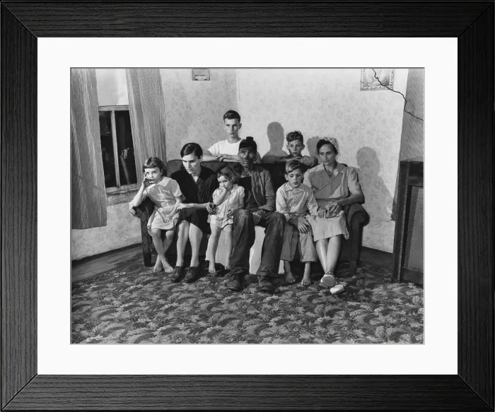 Framed Print : Coal miner, Blaine Sergent, still covered with cold dust from work, with his family. The young woman in the black dress is blind. The younger children are shoeless Framed Print : Coal miner, Blaine Sergent, still covered with cold dust from work, with his family. The young woman in the black dress is blind. The younger children are shoeless