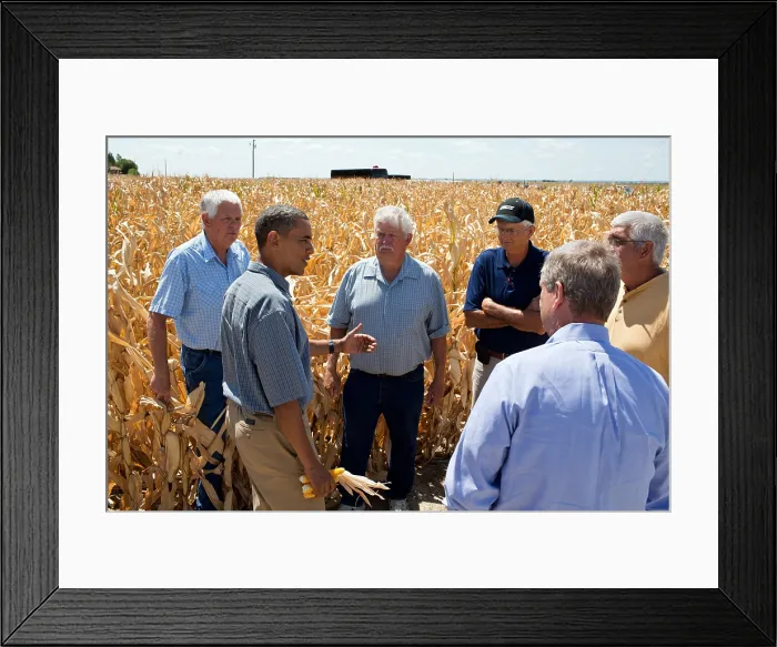 Framed Print : President Barack Obama talks with farmers on the drought, in Missouri Valley, Iowa, Aug. 13, 2012. Sec. of Agriculture Tom Vilsack, foreground, joins the inspection tour