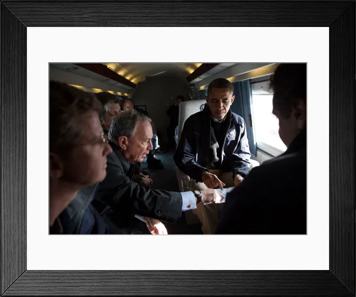 Framed Print : Mayor Michael Bloomberg and President Obama tour of Hurricane Sandy storm damage in NYC. Nov. 15, 2012. Aboard Marine One, L-R: Sec