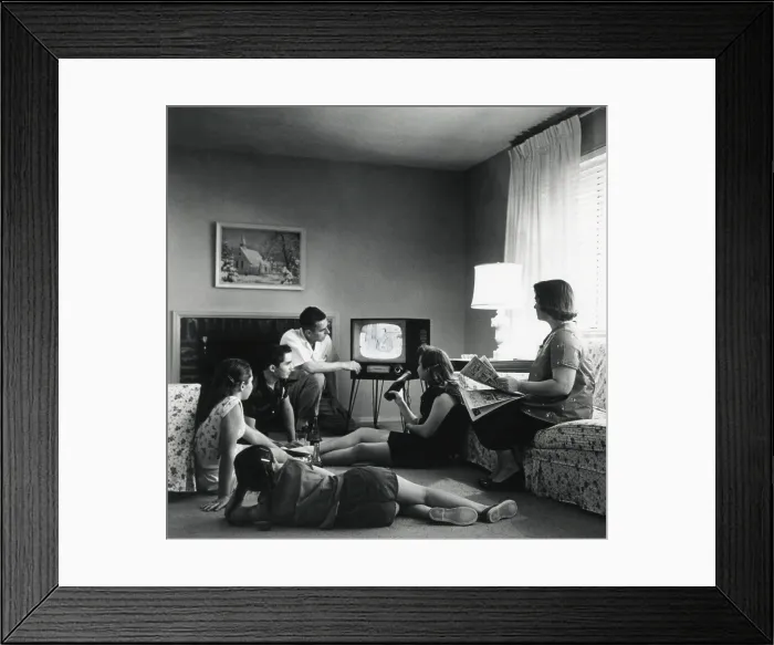 Framed Print : American family watching television in the living room of their home. 1959. (BSLOC_2014_13_163) ir home. 1959. (BSLOC_2014_13_163) ir home. 1959. (BSLOC_2014_13_163) ir home