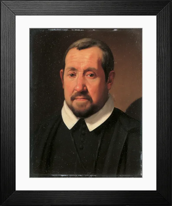 Framed Print : Portrait of Antonio Olgiati, by Daniele Crespi, 1620 - 1625 about, 17th Century, oil on panel, cm 45, 6 x 34, 5 - Italy, Lombardy, Milan, Koelliker Collection. All. Front close up