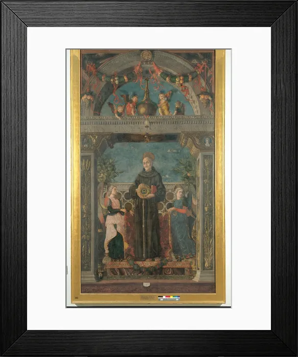 Framed Print : St Bernardine of Siena and Angels, by attributed to Andrea Mantegna, 1469 about, 15th Century, tempera on canvas, cm 385 x 220 - Italy, Lombardy, Milan, Brera art gallery. All Framed Print : St Bernardine of Siena and Angels, by attributed to Andrea Mantegna, 1469 about, 15th Century, tempera on canvas, cm 385 x 220 - Italy, Lombardy, Milan, Brera art gallery. All