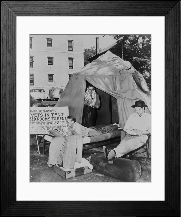 Framed Print : Three GI students at the University of Wisconsin living in a tent. They have posted a sign, People of Madison! Vets in tent need rooms to rent'. 1947. (BSLOC_2014_13_17)