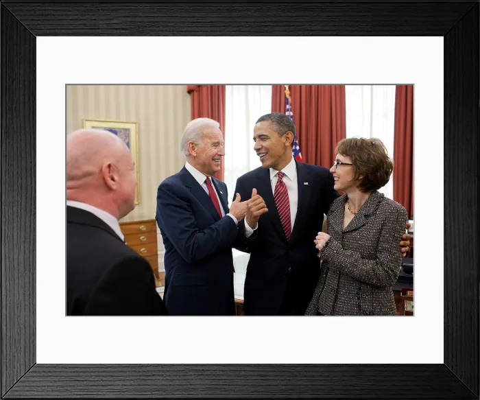 Framed Print : Pres. Obama and VP Biden with former Rep. Gabrielle Giffords and her husband, Mark Kelly. Feb. 10, 2012. They were in the Oval Office for the signing H.R