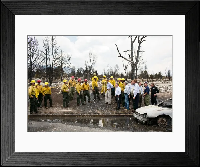 Framed Print : President Barack Obama views damage with firefighters in Colorado Springs, Colorado. June 29, 2012. (BSLOC_2015_13_166)