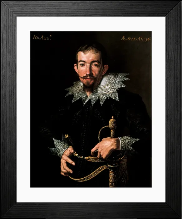 Framed Print : Portrait of a Gentleman with a Sword, by Antonio DEnrico (or DErrico) know as Tanzio da Varallo, 1615 about, 17th Century, oil on canvas, cm 78 x 61, 5 - Italy, Lombardy, Milan