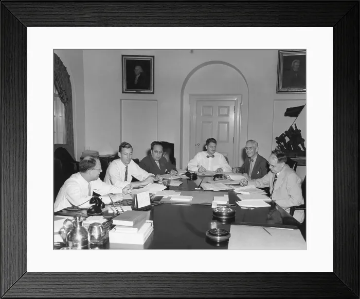 Framed Print : The Council of Economic Advisers and White House staff prepare Truman's Midyear Economic Report. July 9, 1949. L-R: Charles S Framed Print : The Council of Economic Advisers and White House staff prepare Truman's Midyear Economic Report. July 9, 1949. L-R: Charles S
