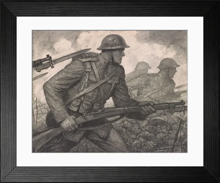 Framed Print : American soldiers WW1 soldiers advancing through barbed wire with rifles and fixed bayonets. 1918 charcoal drawing by American artist, Wladyslaw T. Benda (BSLOC_2017_1_46)