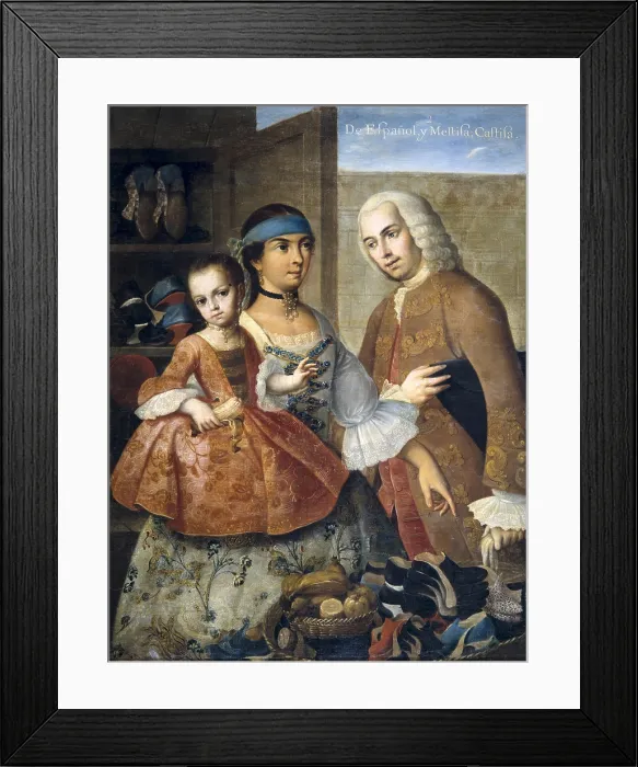 Framed Print : CABRERA, Miguel (1695-1768). De Espanol y Mestiza, Castiza. (from a Spanish man and a Mestizo woman, a Pure child comes). Casta paintings. Mexican school. Colonial baroque Framed Print : CABRERA, Miguel (1695-1768). De Espanol y Mestiza, Castiza. (from a Spanish man and a Mestizo woman, a Pure child comes). Casta paintings. Mexican school. Colonial baroque