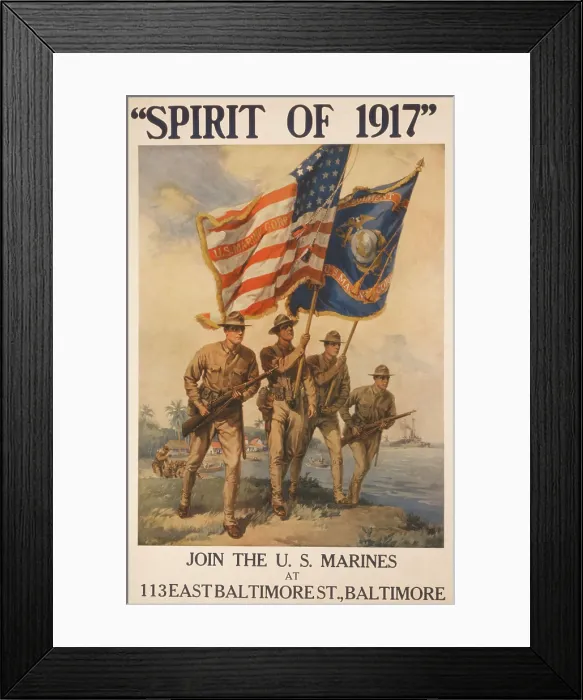 Framed Print : SPIRIT OF 1917. Marines on a beach, carrying rifles and flags. American World War 1 recruiting poster by Howard Chandler Christy, 1917 (BSLOC_2017_1_51)