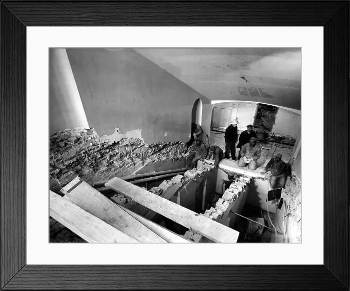 Framed Print : Renovation of the White House during the Truman Administration. Workmen rebuilding the main staircase. Feb. 23, 1950. - (BSLOC_2014_15_119)