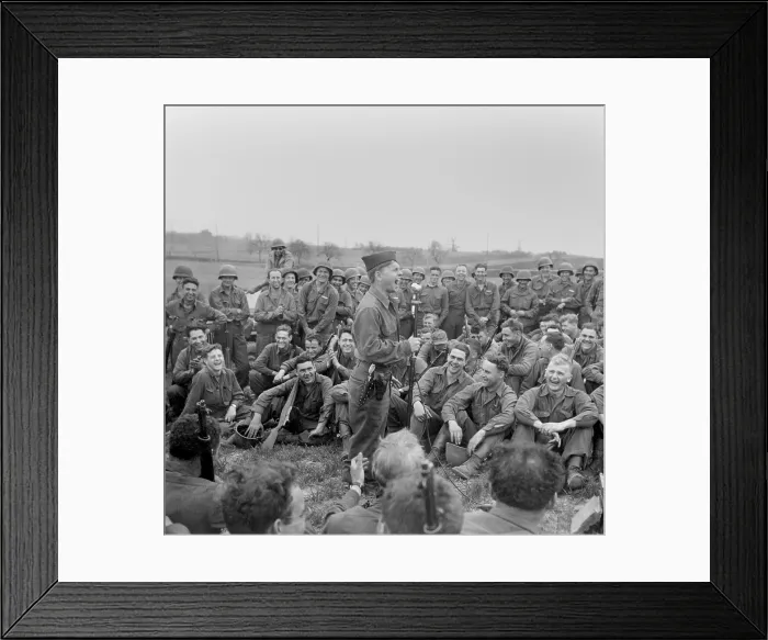 Framed Print : Private Mickey Rooney entertains infantry men of the 44th Division in Kist, Germany, April 13, 1945
