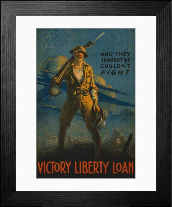Framed Print : AND THEY THOUGHT WE COULDNT FIGHT. American World War 1 poster of wounded soldier on the battlefield, who holds three German helmets as trophies, 1917. (BSLOC_2017_1_61) Framed Print : AND THEY THOUGHT WE COULDNT FIGHT. American World War 1 poster of wounded soldier on the battlefield, who holds three German helmets as trophies, 1917. (BSLOC_2017_1_61)