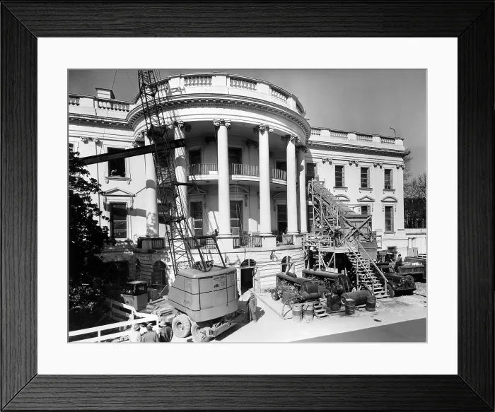 Framed Print : Renovation of the White House during the Truman Administration. Construction activity and equipment at the south porch of the White House, Feb. 27, 1950. - (BSLOC_2014_15_124) Framed Print : Renovation of the White House during the Truman Administration. Construction activity and equipment at the south porch of the White House, Feb. 27, 1950. - (BSLOC_2014_15_124)