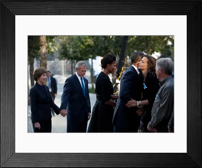 Framed Print : Commemoration ceremony at the National September 11 Memorial in New York City. President Barack and Michelle Obama, with former President George W