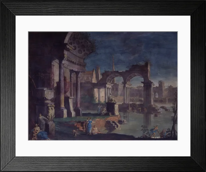 Framed Print : View of Ruins with Statue of an Emperor (Veduta di rovine con statua di imperatore), by Vittorio Maria Bigari, 18th Century, oil on canvas - Italy, Emilia Romagna, Bologna