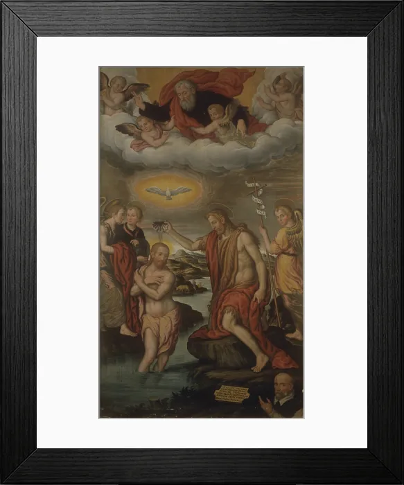 Framed Print : Baptism of Christ with donor, by Giovan Battista Bertucci the Younger, 16th 17th Century, oil on canvas, 256 x 153 cm - Italy, Emilia Romagna, Faenza Framed Print : Baptism of Christ with donor, by Giovan Battista Bertucci the Younger, 16th 17th Century, oil on canvas, 256 x 153 cm - Italy, Emilia Romagna, Faenza