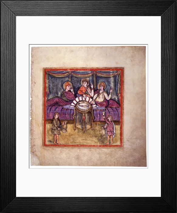 Framed Print : Vergilius Romanus - Goths slaves serve Dido and her Roman guests, 5th Century a.C. painted miniature on parchment, 33, 2 x 32, 3 cm - Vatican City, Apostolic Vatican Library Framed Print : Vergilius Romanus - Goths slaves serve Dido and her Roman guests, 5th Century a.C. painted miniature on parchment, 33, 2 x 32, 3 cm - Vatican City, Apostolic Vatican Library