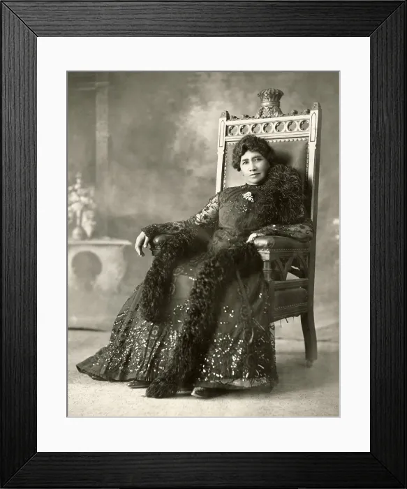 Framed Print : Princess Liliuokalani seated in a crowned chair that marked her place in the palace dining room, c. 1880 (BSLOC_2017_20_58) Framed Print : Princess Liliuokalani seated in a crowned chair that marked her place in the palace dining room, c. 1880 (BSLOC_2017_20_58)