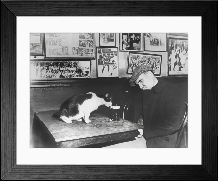 Framed Print : A patron of Sammy's Bowery Follies, a downtown bar, sleeping at his table while the resident cat laps at his beer. Dec. 1947. (BSLOC_2014_13_171)