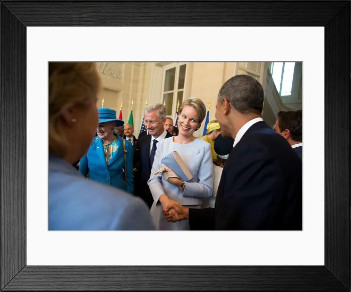Framed Print : President Barack Obama greets Queen Mathilde and King Philippe of Belgium