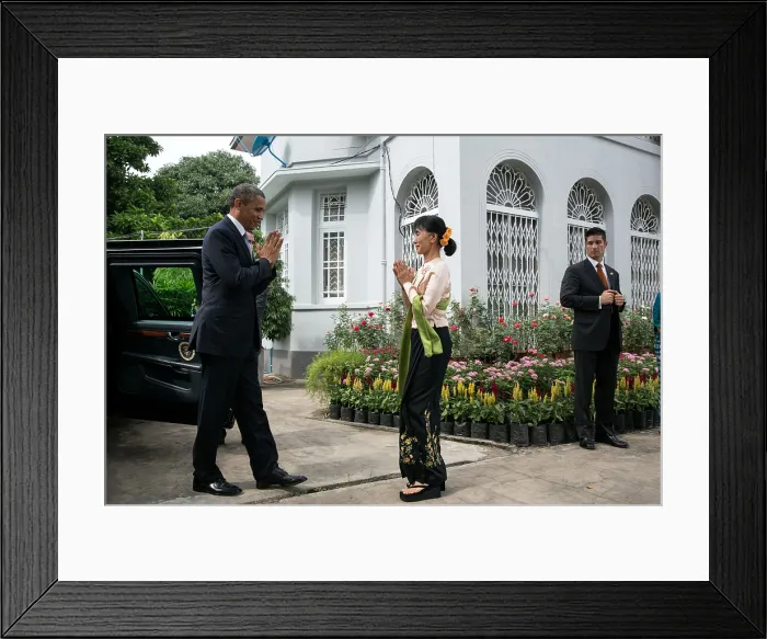 Framed Print : President Barack Obama greets Burmese Opposition Leader Aung San Suu Kyi. Obama visited her private residence in Yangon, Myanmar (Rangoon, Burma), Nov. 19, 2012