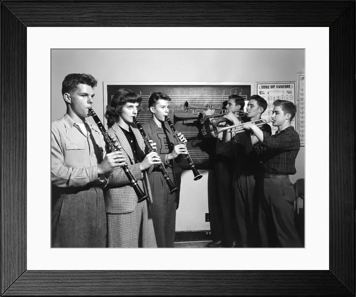 Framed Print : High School students playing clarinets and trumpets. Oak Ridge, Tennessee. 1947. Photo by Ed Westcott. (BSLOC_2014_13_181)
