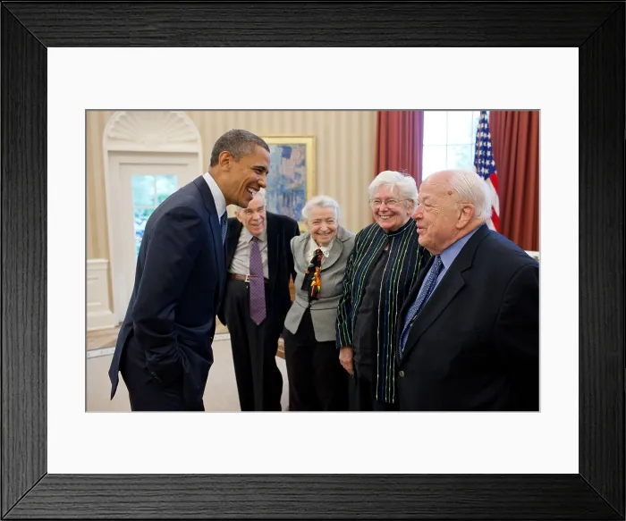 Framed Print : President Barack Obama greets 2010 Fermi Award recipients in the Oval Office, May 7, 2012. From right: Dr. Burton Richter and his wife Laurose; Dr. Mildred S
