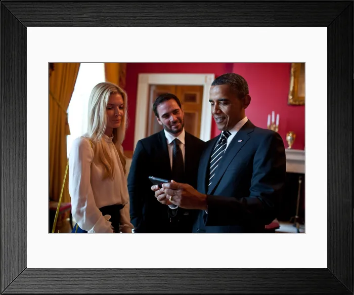 Framed Print : President Barack Obama with 2010 NASCAR Champion Jimmie Johnson and his wife, Chandra. Red Room of the White House, Sept. 7, 2011 (BSLOC_2015_3_137)