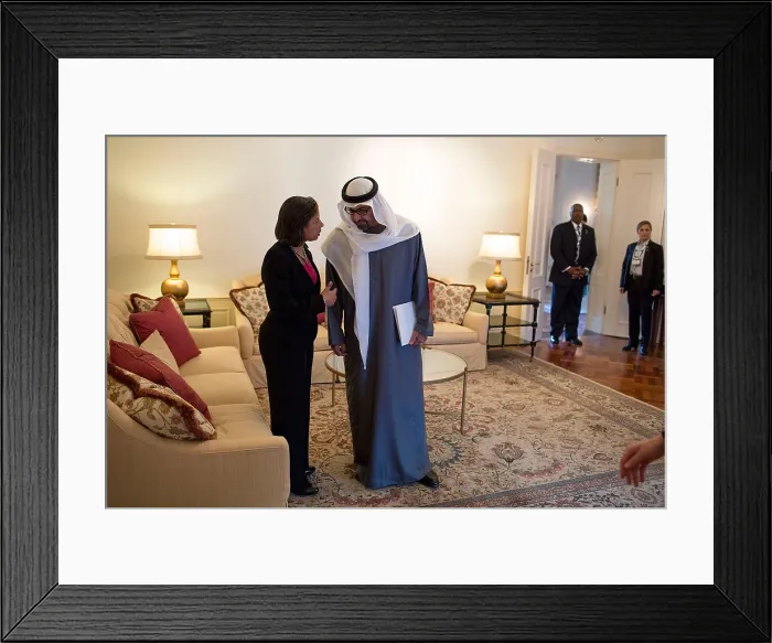 Framed Print : Sheikh Mohammed bin Zayed Al Nahyan, Crown Prince of Abu Dhabi talking with Susan E. Rice. National Security Advisor met him at the U.S Framed Print : Sheikh Mohammed bin Zayed Al Nahyan, Crown Prince of Abu Dhabi talking with Susan E. Rice. National Security Advisor met him at the U.S