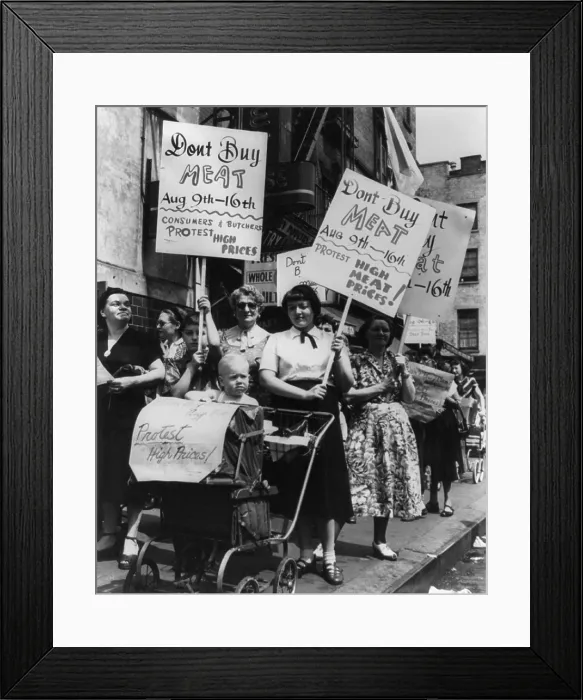 Framed Print : Housewives demonstrate at a meat market in New York City to protest the high cost of meat. At 10th St. and 1st Ave. on Aug. 11, 1948