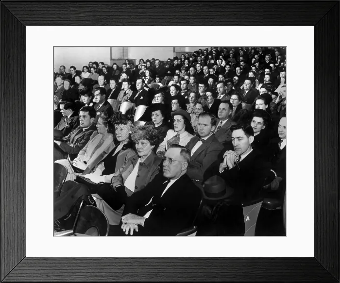 Framed Print : White citizens at a property tax town meeting on April 7, 1947. They are meeting in the playhouse at Oak Ridge, Tennessee