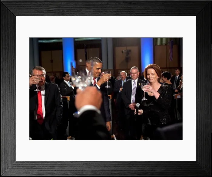 Framed Print : Prime Minister Julia Gillard proposes a toast to President Barack Obama. At the Parliamentary Dinner at Parliament House in Canberra, Australia, Nov. 16, 2011. (BSLOC_2015_3_144)