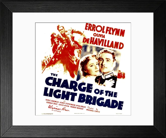 Framed Print : THE CHARGE OF THE LIGHT BRIGADE, inset from left: Olivia De Havilland, Errol Flynn on jumbo window card, 1936