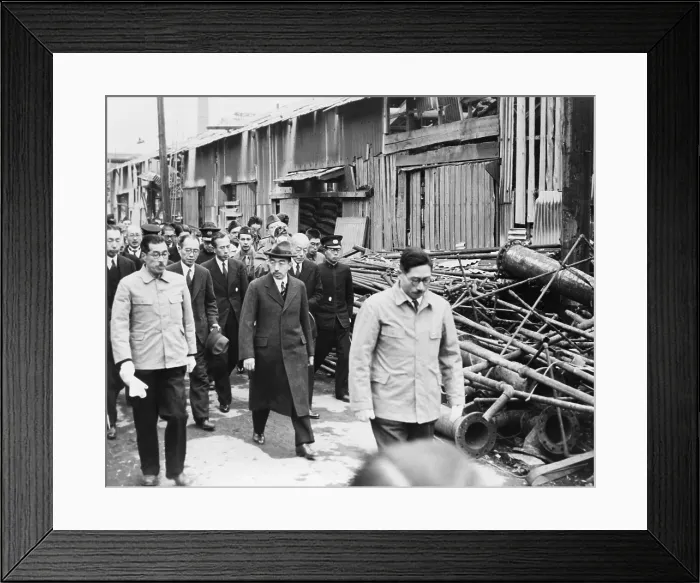 Framed Print : Emperor Hirohito, his royal party, and some American soldiers tour the bomb-wrecked Showa Electric Industry Co. 1946, Japan. - (BSLOC_2014_15_138)