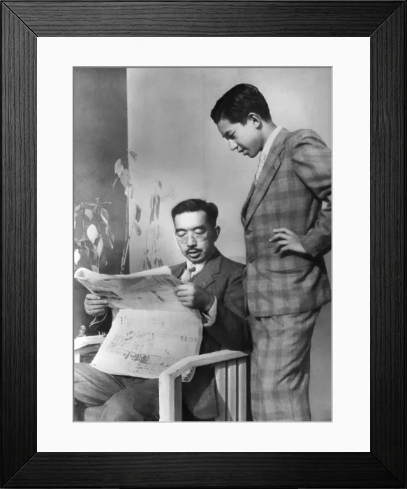 Framed Print : Emperor Hirohito and his son, Crown Prince Akihito. Prince Akihito, age 16, is wearing his first foreign style suit