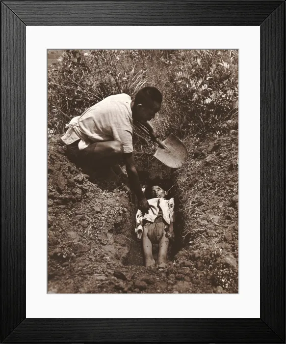 Framed Print : Man burying a child in a shallow grave in a rural Hengyang or Yunnan Province, China. 1946 photo by Arthur Rothstein. - (BSLOC_2014_15_149)