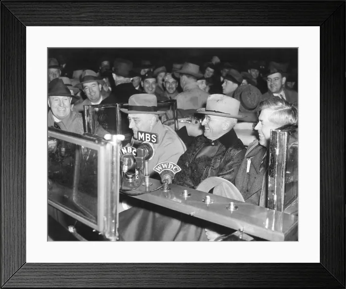 Framed Print : President Franklin Roosevelt speaking into radio microphones from his open car in the rain. VP-elect Harry Truman sits between FDR and the outgoing VP Henry Wallace Framed Print : President Franklin Roosevelt speaking into radio microphones from his open car in the rain. VP-elect Harry Truman sits between FDR and the outgoing VP Henry Wallace