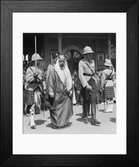 Framed Print : Abdullah I bin al-Hussein, Emir of Transjordan, walking between two British military personel. He was in Jerusalem after returning from London in 1935 (BSLOC_2017_1_96)