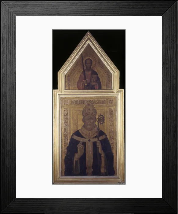Framed Print : Portrait of the Bishop of Ormont, by Lello from Orvieto, 14th Century, tempera and golden on board, 206 x 96 cm - Italy, Campania, Naples, Archbishop's Palace Framed Print : Portrait of the Bishop of Ormont, by Lello from Orvieto, 14th Century, tempera and golden on board, 206 x 96 cm - Italy, Campania, Naples, Archbishop's Palace