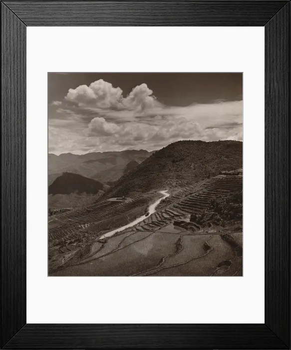 Framed Print : Terraced fields and roadway in a mountainous region of Yunnan Province in China. A military vehicle drives in the distance. 1946 photo by Arthur Rothstein. - (BSLOC_2014_15_146)