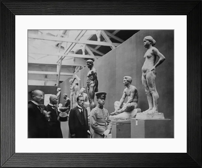 Framed Print : Crown Prince Hirohito at an exhibition of sculpture. He and his party pause at an realistic modern female nude statue. Ca. 1920. - (BSLOC_2014_15_144)