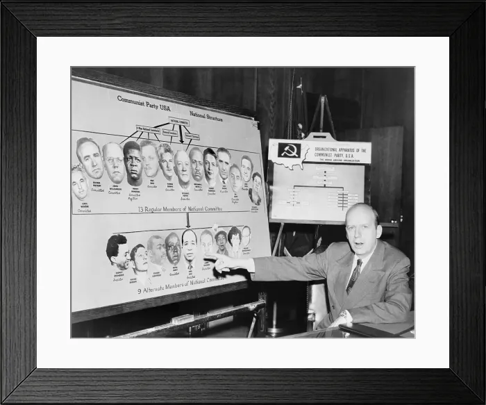 Framed Print : Herbert Brownell pointing to charts he used in a nationwide radio and TV speech. The charts document U.S. Government prosecutions and convictions of Communists