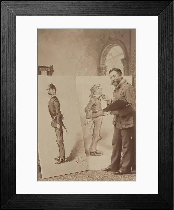Framed Print : Thomas Nast with caricatures of Union and Confederate soldiers in 1888. The smiling artist, tweaks the chin of the almost life size Confederate soldier