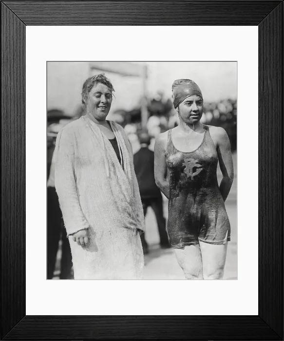 Framed Print : Elaine Golding, Louise S. Debus, after the Battery to Coney Island Swim on Aug. 23, 1914. Golding placed first, with time of 4 hours, 41 minutes