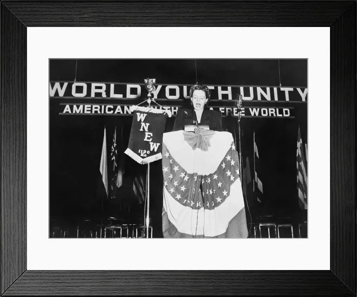 Framed Print : Helen Gahagan Douglas addressing the World Youth Rally in New York City, March 21, 1945. Douglas represented California in Congress from 1945-51
