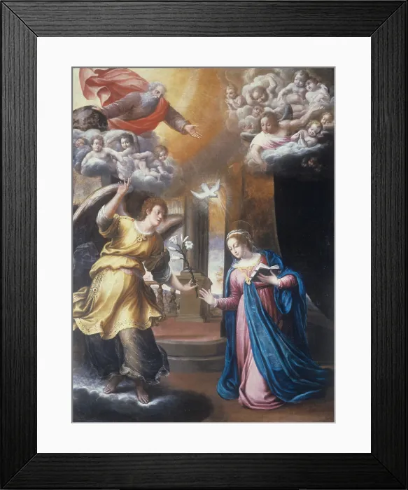 Framed Print : Annunciation, by Bernardino Baldi, 1612 - 1615, 17th Century, oil on canvas - Italy, Emilia Romagna, Forl, Civic Collection Melozzo degli Ambrogi. Whole artwor view Framed Print : Annunciation, by Bernardino Baldi, 1612 - 1615, 17th Century, oil on canvas - Italy, Emilia Romagna, Forl, Civic Collection Melozzo degli Ambrogi. Whole artwor view